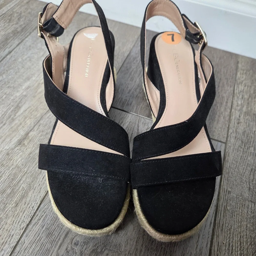 BCBGeneration Black Espadrille Wedge Sandals‎ Womens 7 Ankle Strap Crisscross
